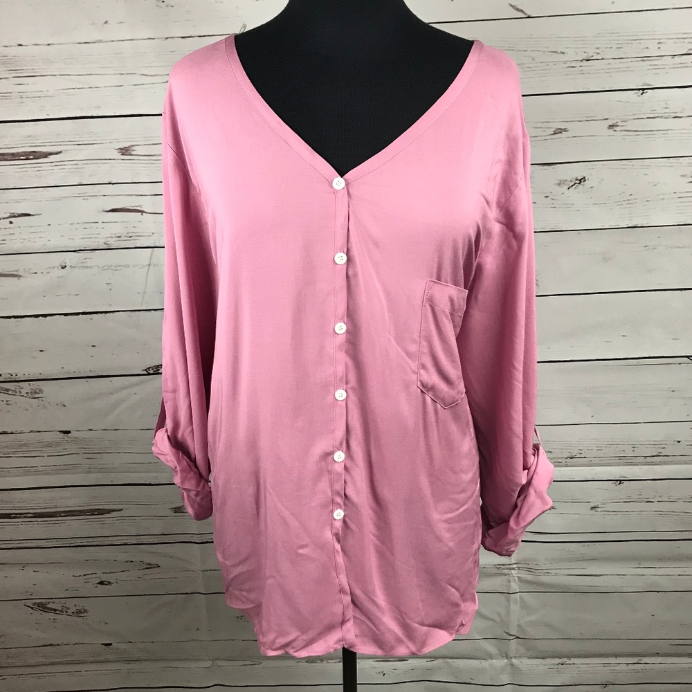 Karen Kane Blushed Metal Rolled Sleeve Blouse NWT